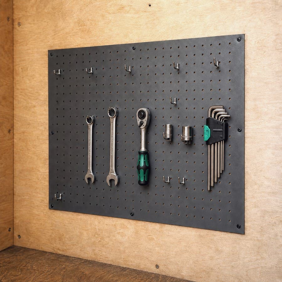 Tool wall — Pegboard, drawers, bench vise