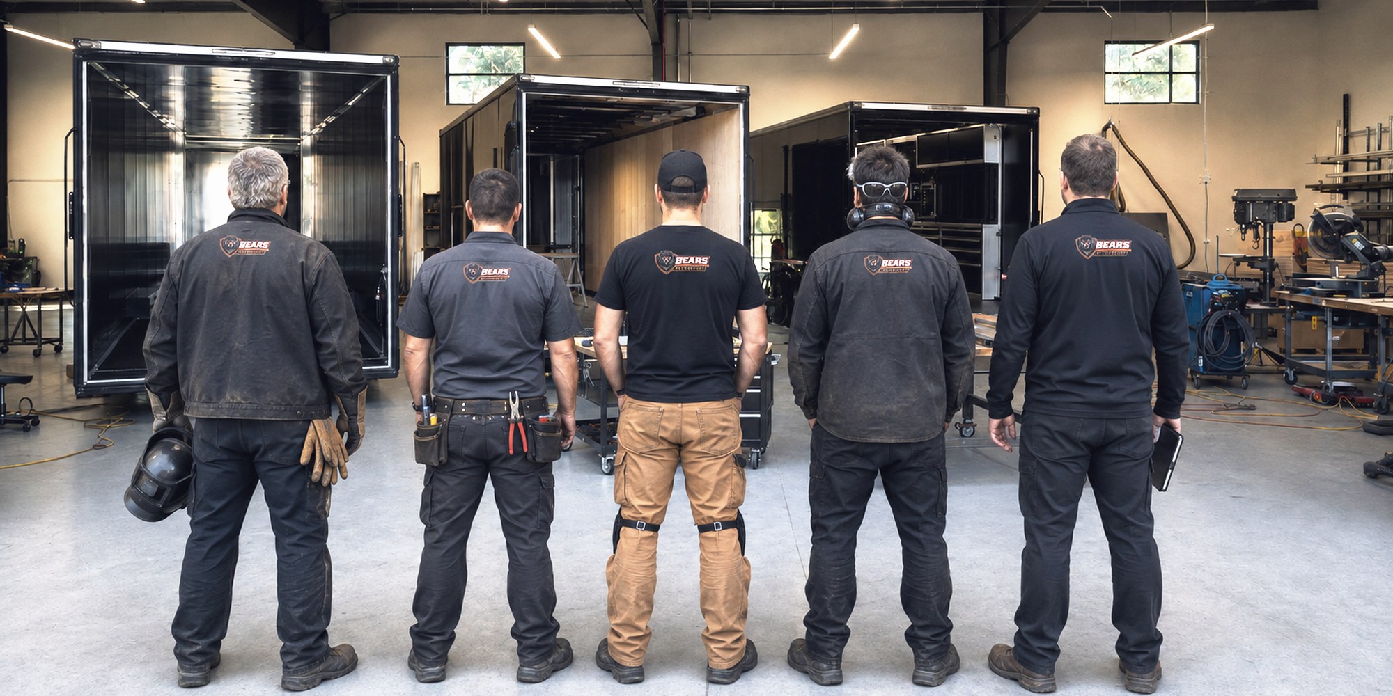 The five of us, facing into the shop